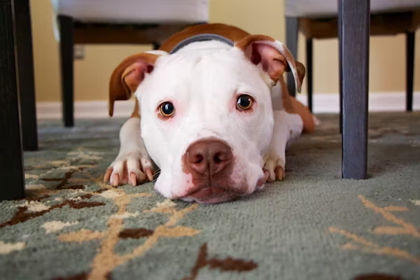Brown and white dog lying on carpet