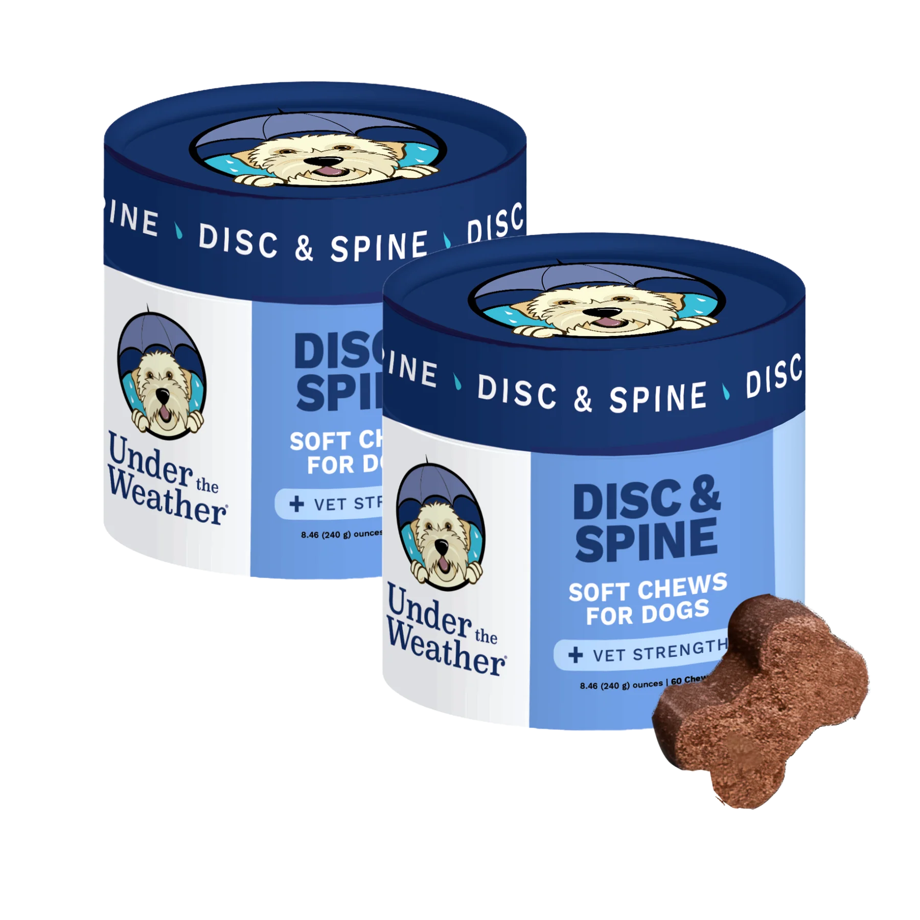 Two bottles of 'Under the Weather' dog supplement chews for disc and spine support.