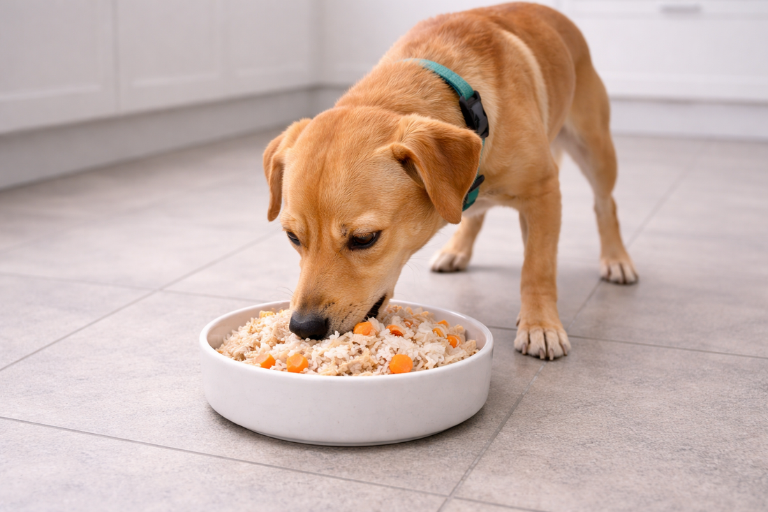 Dog eating bland diet food from a white bowl