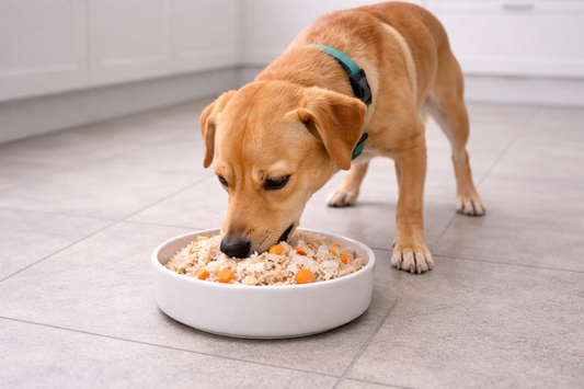 Dog eating bland diet food from a white bowl