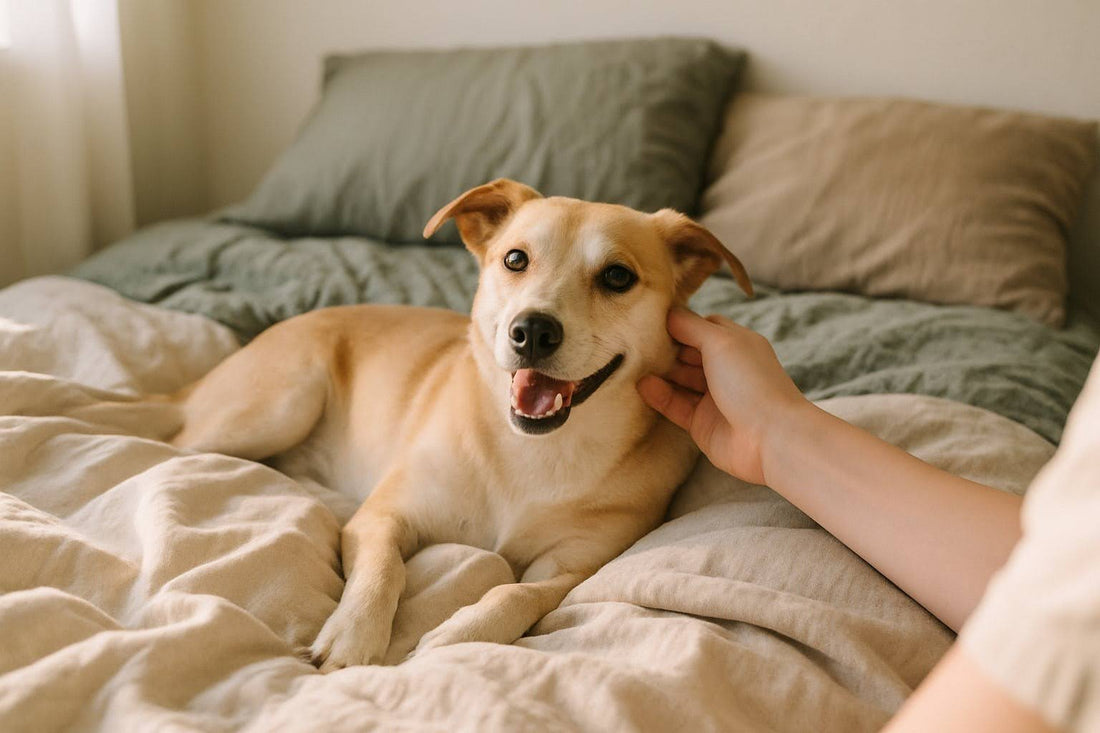 Dog relaxing on a soft bed while his owner pets him