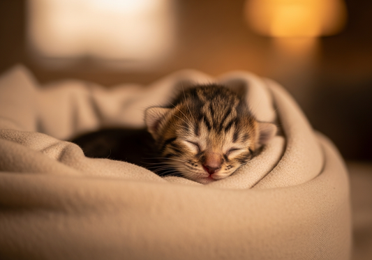 A tiny tabby newborn kitten with closed eyes sleeping curled in soft beige blankets under warm amber light