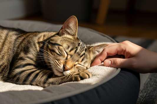 A cat resting on a soft bed at home while its attentive owner observes nearby