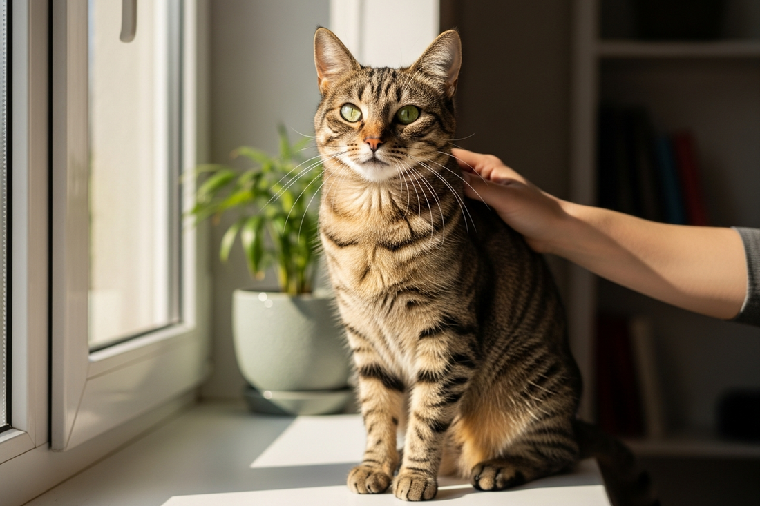 A healthy energetic cat sitting on a sunny windowsill looking alert and vibrant