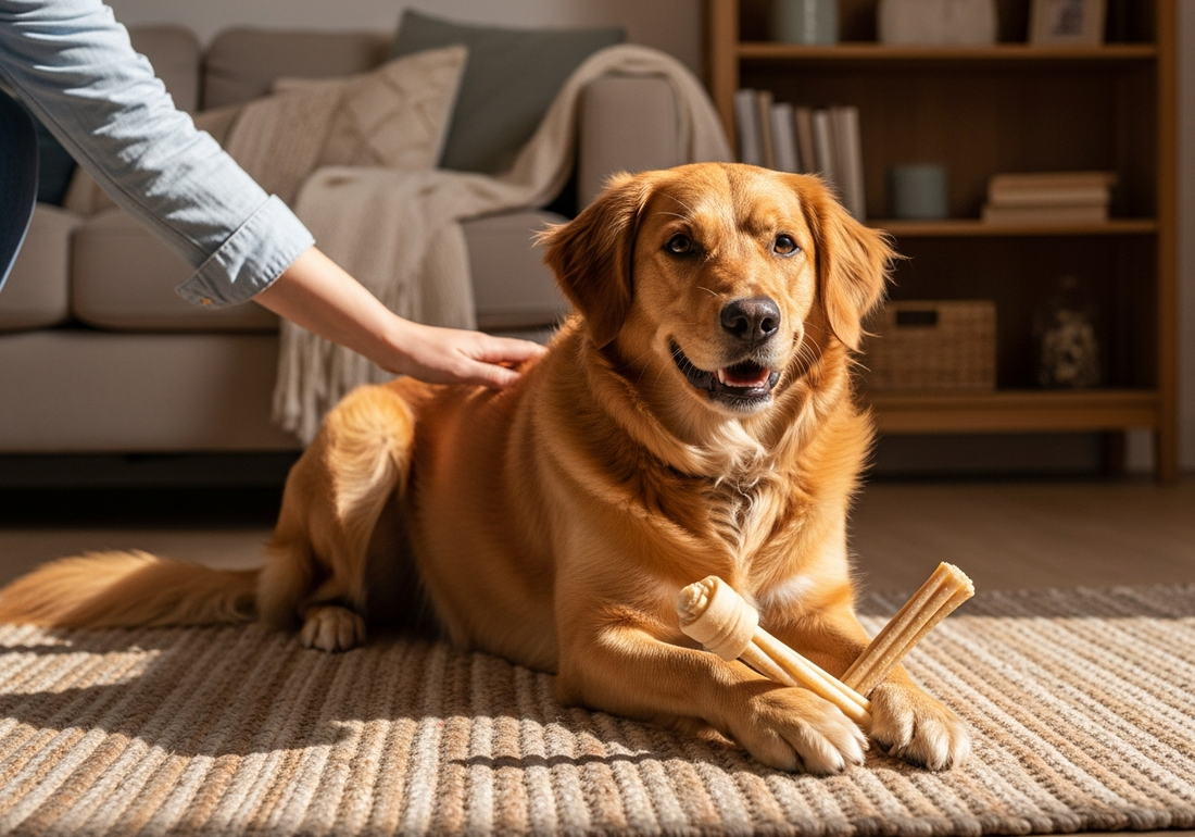 A golden retriever lying on a woven rug in a sunny living room with a natural chew stick between its paws while an owner's hand rests affectionately on its back