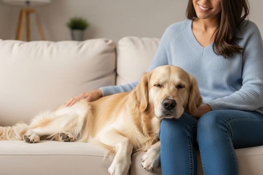 A calm dog relaxing on a couch while its owner sits nearby providing reassurance