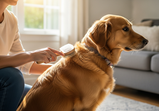 A golden retriever with a glossy, healthy coat being gently brushed by its owner in a sunlit living room