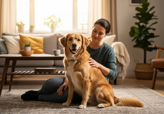 A golden dog sits contentedly on a living room rug while its owner rests a hand gently on its back in warm afternoon light