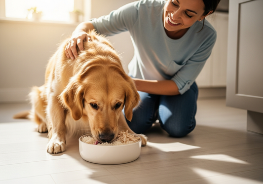 A golden retriever eats from a plain white ceramic bowl on a bright kitchen floor while its smiling owner kneels beside it and gently pets its back