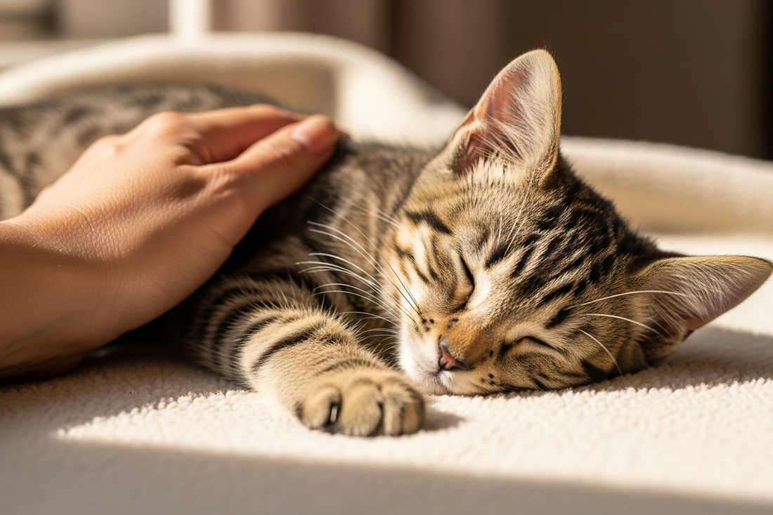 A kitten resting comfortably on a soft blanket while a caring owner offers gentle attention