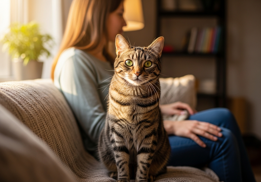 A striped tabby cat sits upright on a couch cushion, looking directly at the camera with bright clear green eyes, while its owner sits softly out of focus in the background of a warmly lit living room