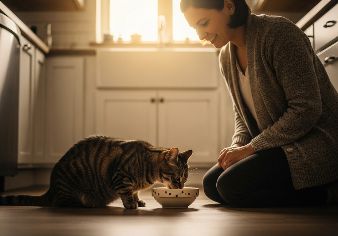 A tabby cat eating from a white ceramic bowl on a kitchen floor while its owner sits nearby and watches with a warm smile, bathed in bright natural light