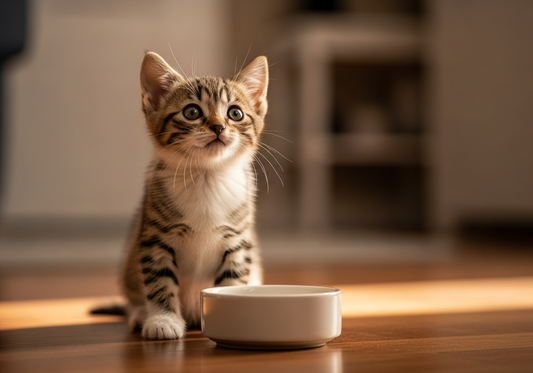 A tiny tabby kitten with large round eyes and oversized ears sits beside a small plain white bowl on a hardwood floor, looking upward in warm golden sunlight