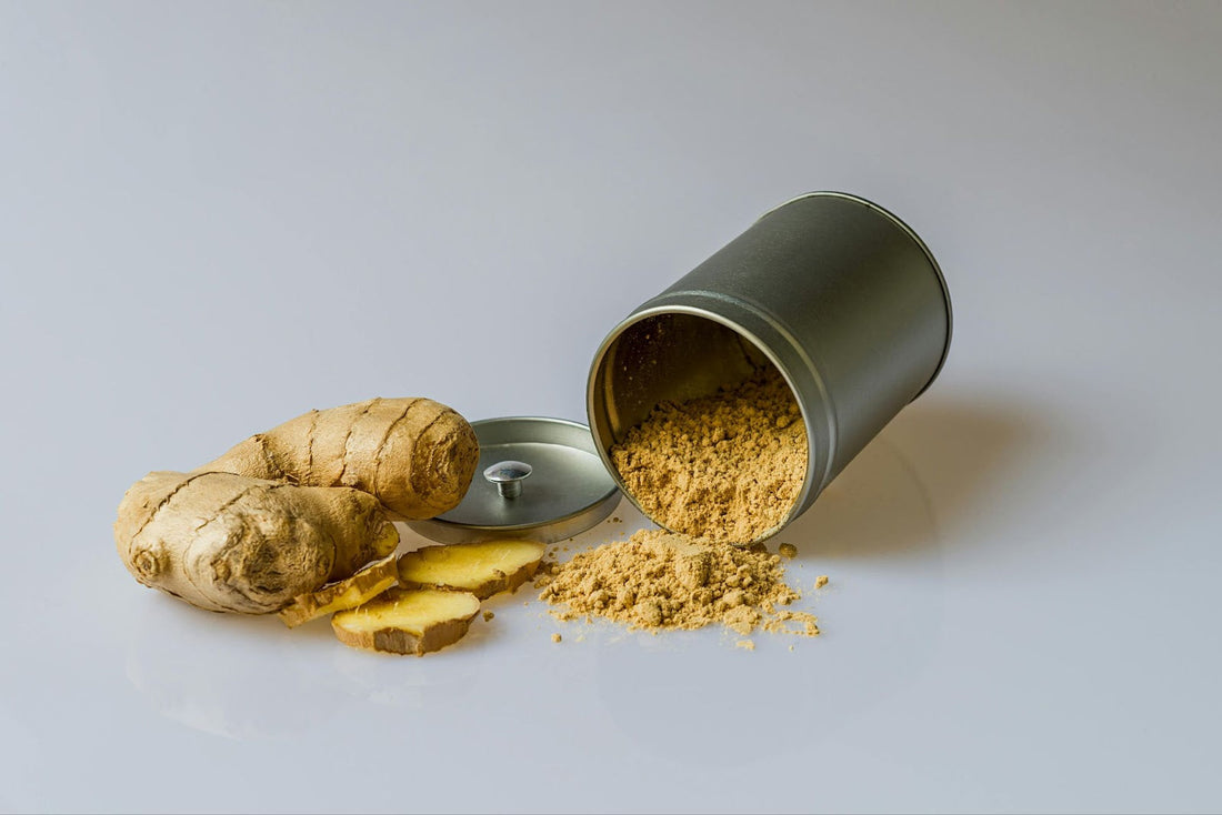 Ginger Root Next to a Container of Ground Ginger