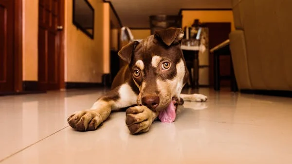 A brown and white dog licking its paw