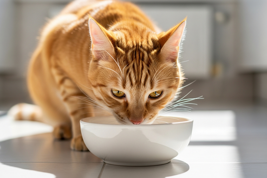 A cat drinking fresh water from a bowl in a clean bright home setting