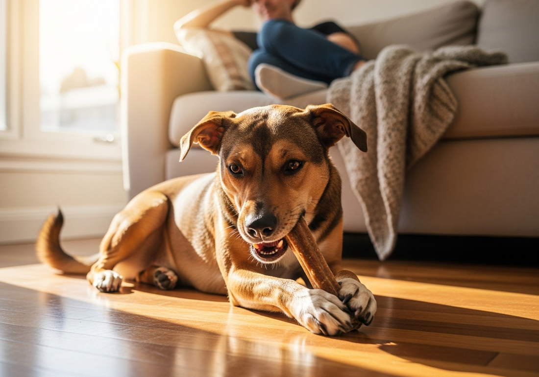 A brown dog lying on a hardwood floor chewing a natural stick while an owner relaxes on a couch in the soft-focus background