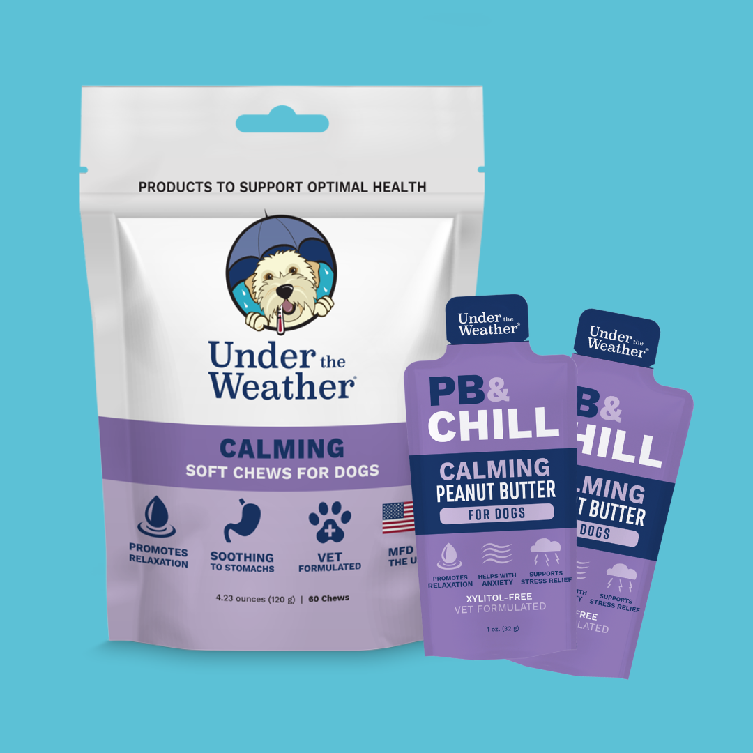 Packaging of Under the Weather calming products for dogs, including chews and powder.