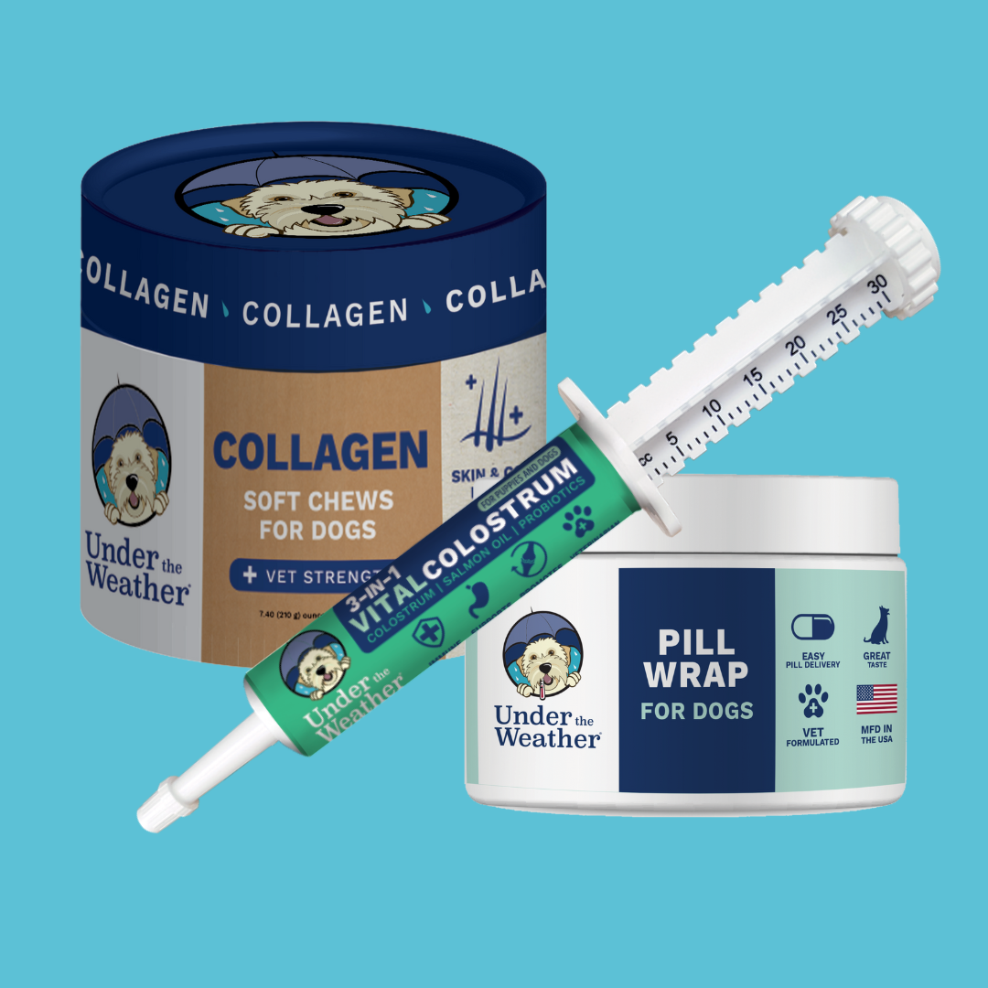 Pet health products including anti-diarrhea medication, calorie topper, and antimicrobial gel by 'Under the Weather.'