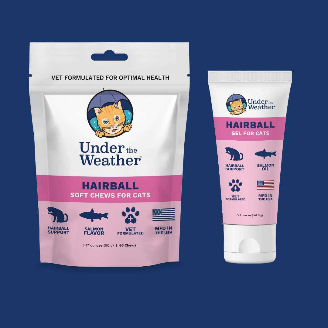 Jar of 'Hairball Support Powder for Cats' with some powder spread beside it.