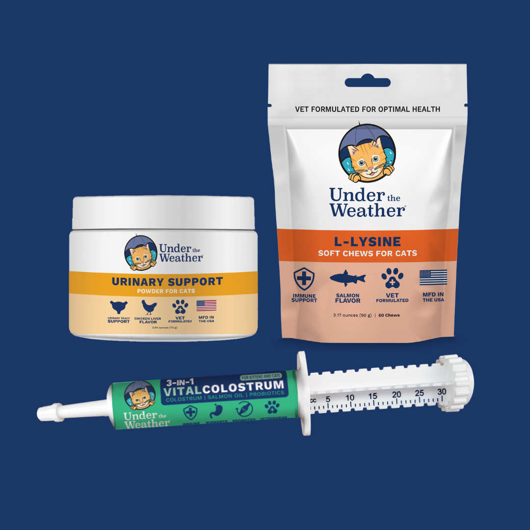 Cat health products, including hairball support chews, gel, and antimicrobials from 'Under the Weather'.