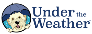 Cartoon dog under an umbrella beside the text 'Under the Weather.'
